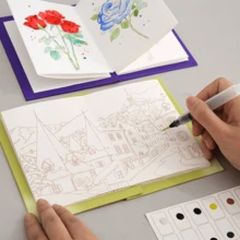 كتاب رسم مائي أكورديون، كتاب تلوين للكبار، كتاب رسم DIY، دفتر رسم مائي، مع فرشاة رسم واحدة مرفقة