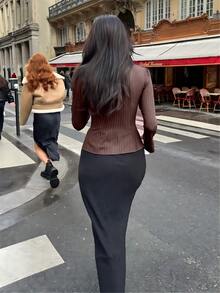 女士条纹长袖休闲性感衬衫（春季款） - 咖色 - 查看 4