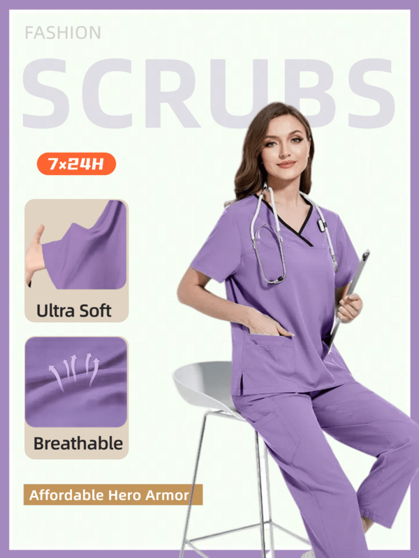 Weich, atmungsaktiv und schnelltrocknend! V-Ausschnitt Kurzarm Top und Hose/Krankenpflege Kasack Set, locker und bequem, geeignet für verschiedene Anwendungsszenarien