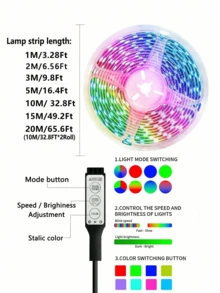 1pc Room LED Light Strip, Room Lamp, Decorative Lighting, 5050 RGB Light Strip 1m/3 Meters/5m/10m/20m, Color Changing String Lights, Cuttable Length, 3-Key Dynamic Speed Control, Dimmable, For Room Decor, Home Decor, Wedding Decor, Party Supplies, Bedroom, Kitchen, Party DIY, Room, Bathroom, Stairs, Kitchen, TV Backlight, Birthday, Easter Gift, Easy Installation, Holiday Party Supplies, Thanksgiving, Mother's Day - Multicolor - View 11