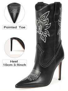 Western Stiletto Black Ankle Boots, Women's Pointed Toe With Embroidery, Perfect For Party, Vacation Or Outdoor Adventure​ - 黑色 - 查看 7