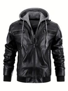 Men's Casual Stand Collar PU Faux Leather Zip-Up Motorcycle Bomber Jacket With A Removable Hood - 黑色 - 查看 2