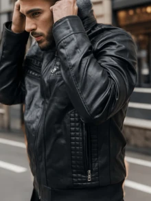 Men's Casual Stand Collar PU Faux Leather Zip-Up Motorcycle Bomber Jacket With A Removable Hood - 黑色 - 查看 4