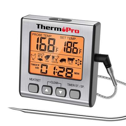 ThermoPro TP16S Digital Meat Thermometer For Cooking & Grilling, BBQ, With Backlight & Timer, Grill Temp Probe For Smoker, Oven, Cookware