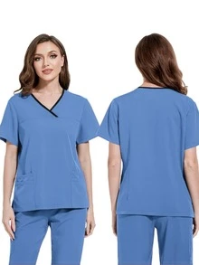 Damen Scrubs Set - Scrub Top mit Kontrastkragen & Jogginghose, modische Krankenschwester-Uniform, hohe Wiederkaufrate!