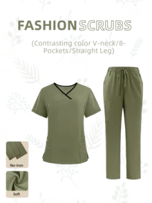Damen Scrubs Set - Scrub Top mit Kontrastkragen & Jogginghose, modische Krankenschwester-Uniform, hohe Wiederkaufrate!