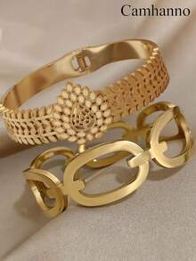 2 件精致时尚的不锈钢镂空手链组合，非常适合约会、派对、聚会和日常通勤，是展示您魅力的理想礼物 - 金色 - 查看 3