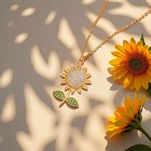 1 pieza Collar dorado con girasol/margarita, diseño lujoso con diamantes, joyería elegante de regalo versatil - Amarillo Oro - Ver 3