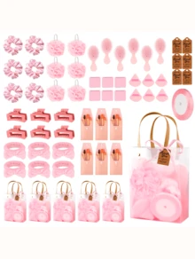 6 Sets Bridal Shower Prizes For Winners - Wedding Shower Favors Gift Set Includes Headband, Hair Brush, Compact Mirror, Bath Sponges, Powder Puff, Hair Tie Claw, Makeup Brushes With Gift Bag - Blue Or Pink - 粉色 - 查看 1