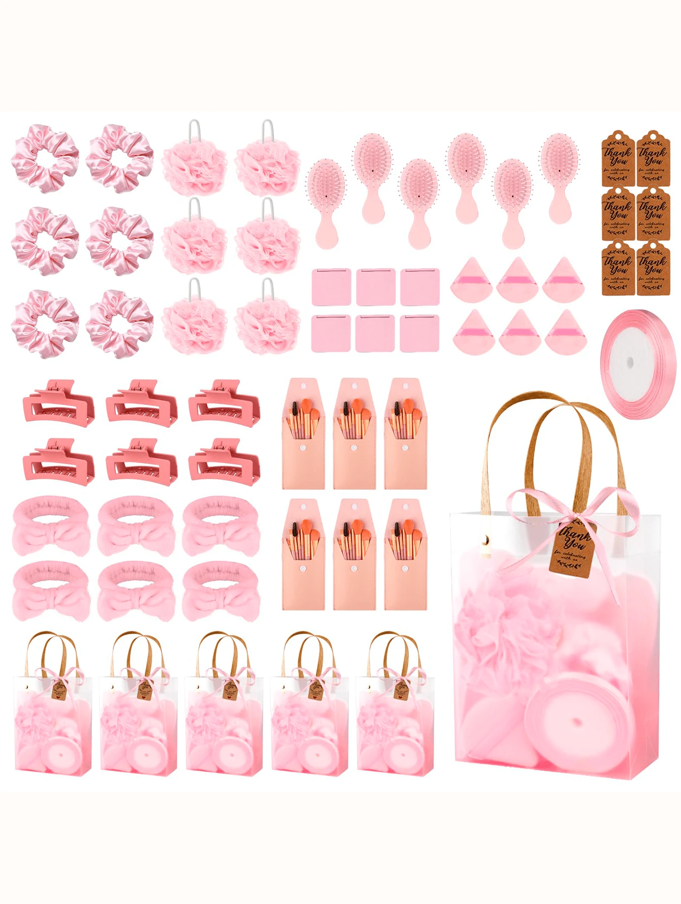 6 Sets Bridal Shower Prizes For Winners - Wedding Shower Favors Gift Set Includes Headband, Hair Brush, Compact Mirror, Bath Sponges, Powder Puff, Hair Tie Claw, Makeup Brushes With Gift Bag - Blue Or Pink - 粉色 - 查看 1