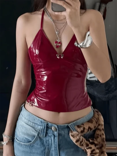 Top ajustado Latex Halter sin espalda sin mangas rojo ,Ropa de calle para mujer