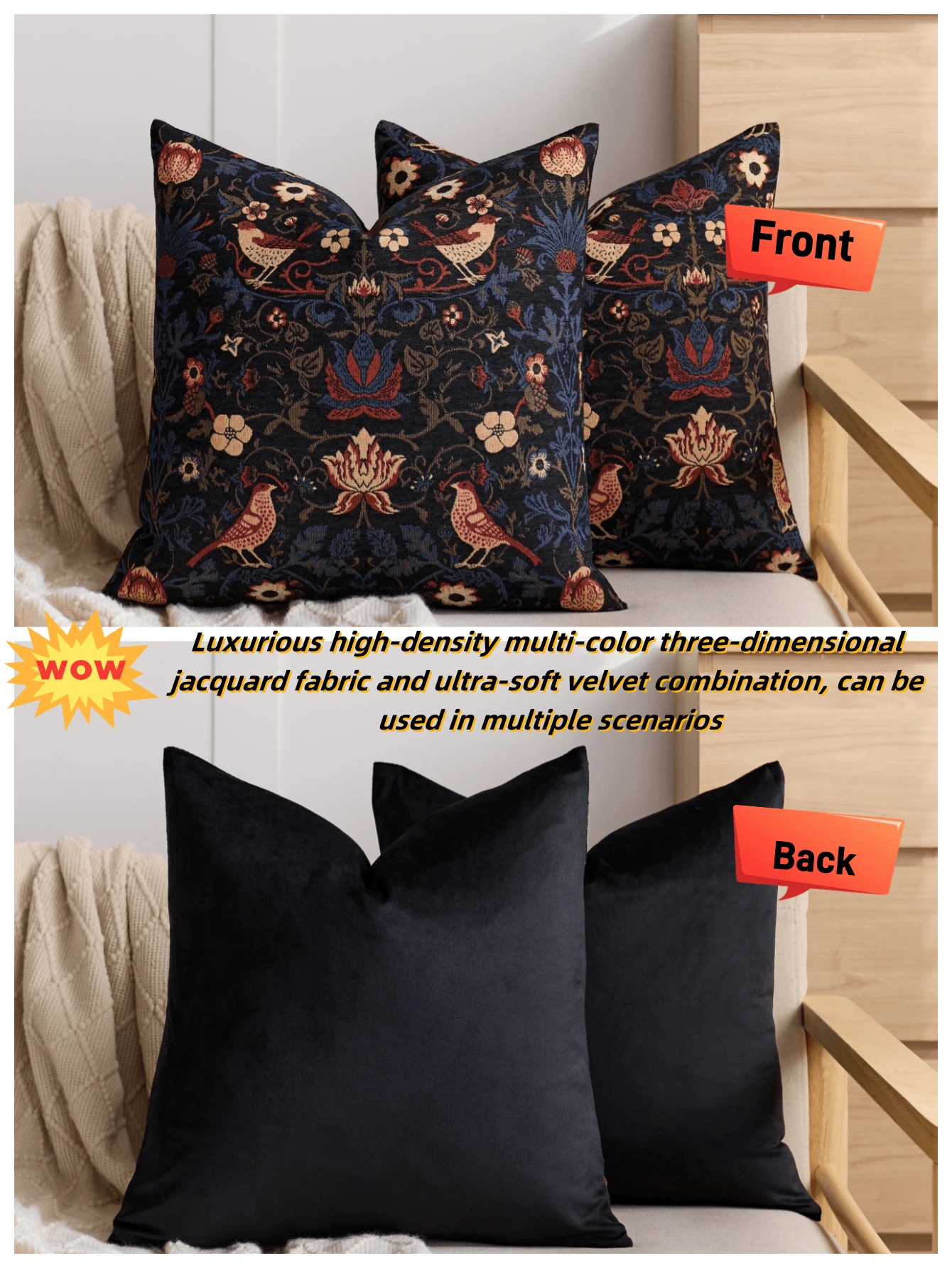 1 pieza/2 piezas Funda de almohada decorativa cuadrada, con patrón floral pastoril, adecuada para todas las estaciones, disponible en varios colores y tamaños, funda de almohada de tela jacquard multicolor de alta densidad, sin relleno de almohada, cierre con cremallera, aplicable para fiestas festivas, fundas de cojín de sofá, camas, salas de estar, oficinas, automóviles y como regalo. - pájaro negro - Ver 1