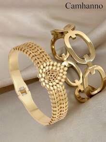 2 件精致时尚的不锈钢镂空手链组合，非常适合约会、派对、聚会和日常通勤，是展示您魅力的理想礼物 - 金色 - 查看 2