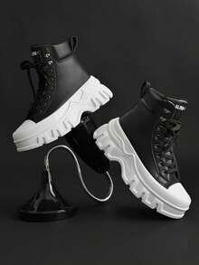 SLnU3 SLnU★3 Men's Casual Canvas High-Top Sneakers, Couple Shoes, Plus Size - Black and White - View 7