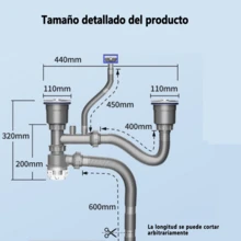 Cespol Desagüe Fregadero Cocina Baño Tubo Doble Flexible - Gris - Ver 7