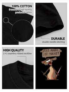 Camisetas casuales para hombres de algodón puro de 250g grueso y cómodo con estampado de ratón enojado de dibujos animados y texto en español ¡PUES AGARRA LOS HUEVOS! - Negro - Ver 5