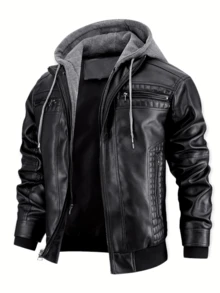 Men's Casual Stand Collar PU Faux Leather Zip-Up Motorcycle Bomber Jacket With A Removable Hood - 黑色 - 查看 12