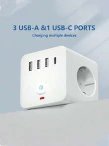 1 Piece 7-In-1 Multi-Function Power Strip, Equipped With Surge Protector, 3 EU Power Sockets, 3 USB-A Ports, 1 USB-C Port, Wall Adapter With Overload Protection And Independent Switch, Suitable For Home, Office, Travel, Bedroom, Gaming Room And Other Scenarios - EU F Type Plug(220-240V) - View 7