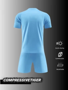 2pcs Custom Light Blue & Purple Geometric Pattern Football Jersey Set - With A Soothing Light Blue Base Color, Adorned With Elegant Purple Geometric Patterns. Made Of Quick-Dry Breathable Fabric To Ensure Comfort During Matches. An Ideal Choice For Football Teams, Amateur Leagues And Competitive Games, As Well As Perfect Gifts For Halloween, Thanksgiving, Christmas And New Year. - Blue - View 3