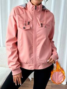 Chaqueta chamarra bomber capucha dama mujer cremallera cordón hombro caído manga larga largo regular elegante casual abrigador calientito invierno - Rosa - Ver 1