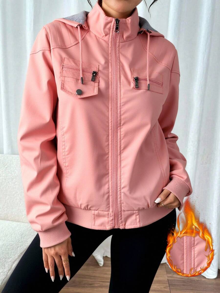Chaqueta chamarra bomber capucha dama mujer cremallera cordón hombro caído manga larga largo regular elegante casual abrigador calientito invierno - Rosa - Ver 1