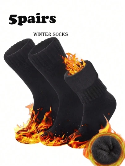 5 Pairs Women's Thick Warm Lined Black Mid-Calf Socks, Soft & Comfortable, Suitable For Autumn/Winter Daily Wear Or Outdoor Activities (1/3/5 Pairs) Christmas Gift