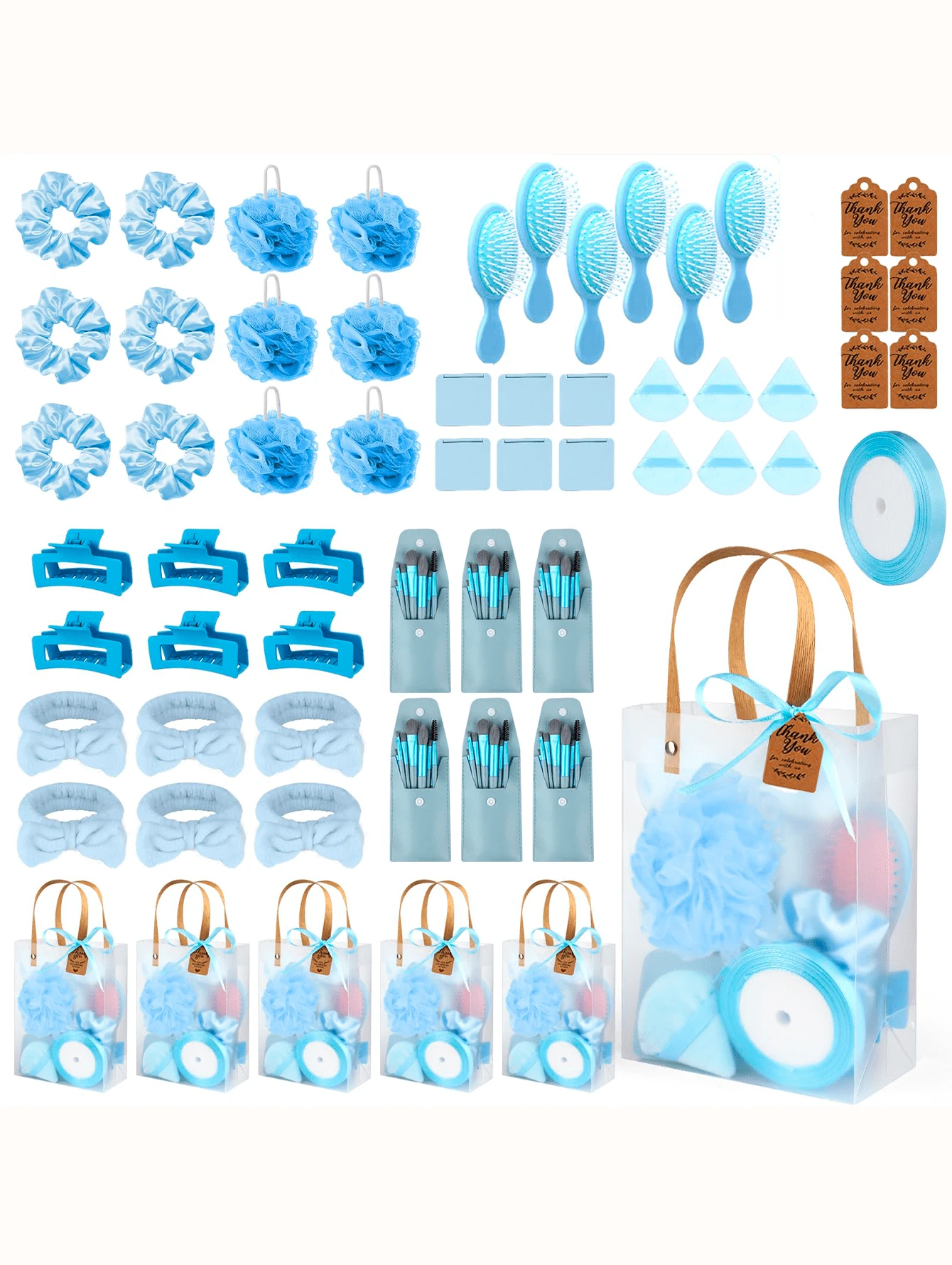 6 Sets Bridal Shower Prizes For Winners - Wedding Shower Favors Gift Set Includes Headband, Hair Brush, Compact Mirror, Bath Sponges, Powder Puff, Hair Tie Claw, Makeup Brushes With Gift Bag - Blue Or Pink - 藍色 - 查看 1
