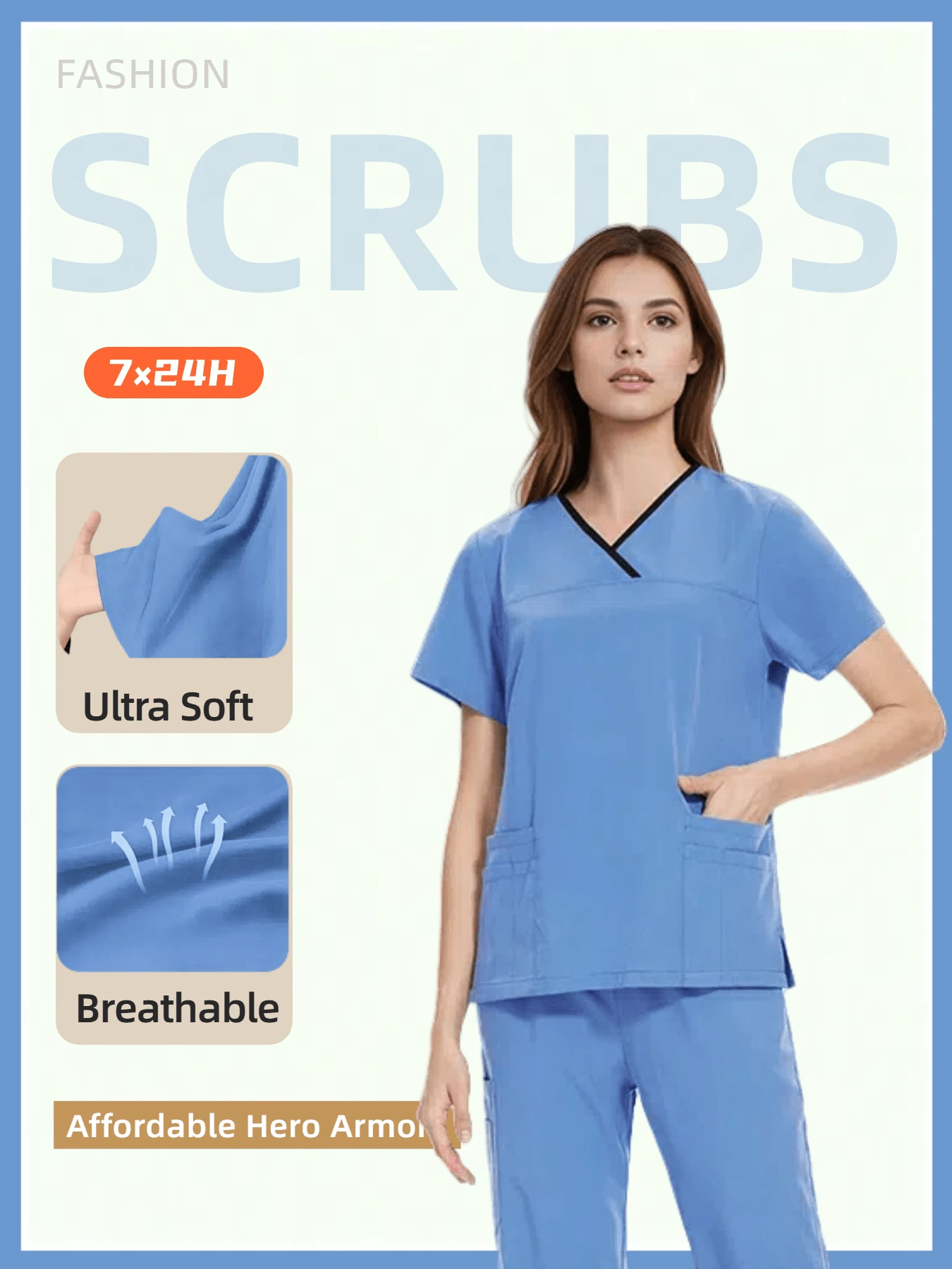Damen Scrubs Set - Scrub Top mit Kontrastkragen & Jogginghose, modische Krankenschwester-Uniform, hohe Wiederkaufrate!