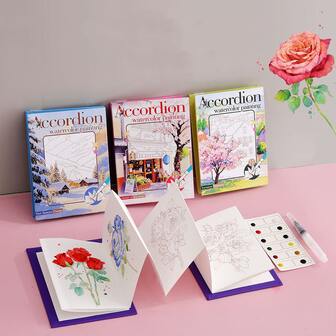 1pc Accordion Watercolor Painting Book, Adult Coloring Book, DIY Doodle Painting Book, Watercolor Painting Notepad, With 1 Paintbrush Included