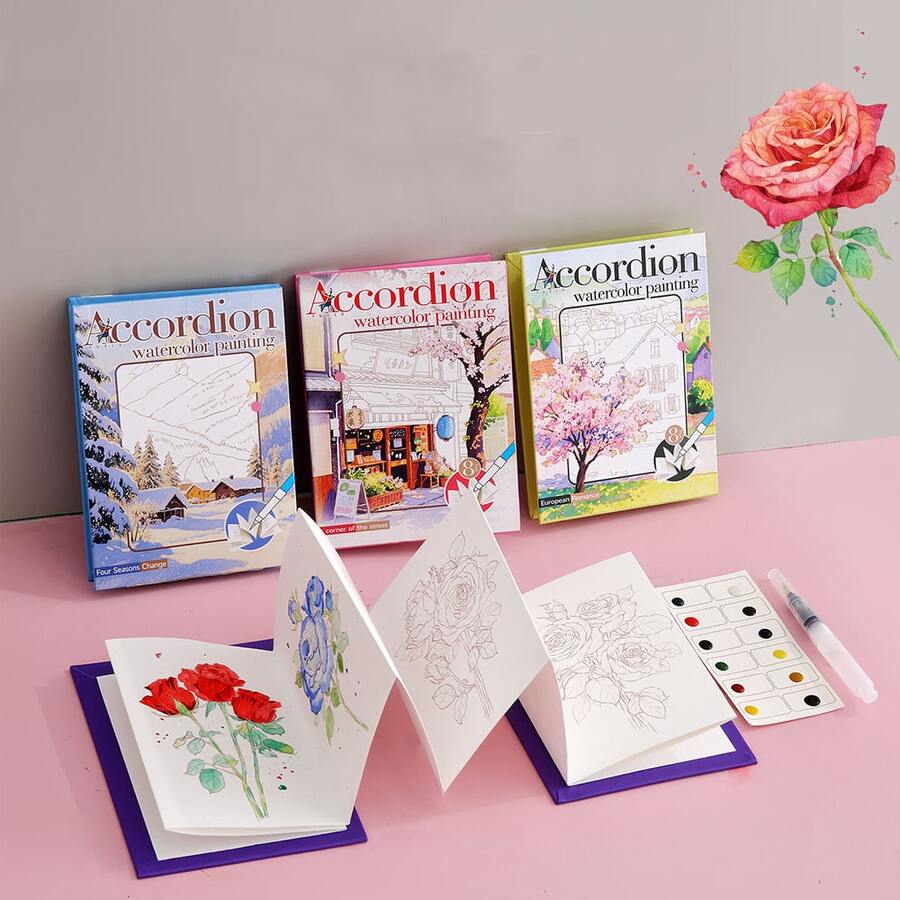 كتاب رسم مائي أكورديون، كتاب تلوين للكبار، كتاب رسم DIY، دفتر رسم مائي، مع فرشاة رسم واحدة مرفقة