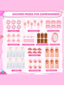 6 Sets Bridal Shower Prizes For Winners - Wedding Shower Favors Gift Set Includes Headband, Hair Brush, Compact Mirror, Bath Sponges, Powder Puff, Hair Tie Claw, Makeup Brushes With Gift Bag - Blue Or Pink - 粉色 - 查看 2
