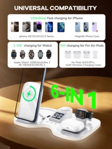 REMAX Upgraded Wireless Fast Charger, Desktop Accessories, Wireless Fast Charging For Multiple Device Women Watch/Man Watch/Phone/Earphone/Earbuds/, With Wireless Speaker, Adjustable Height Phone Holder, Adjustable RGB Ambient Light,Electronic Clock, Black/White, Office Desktop