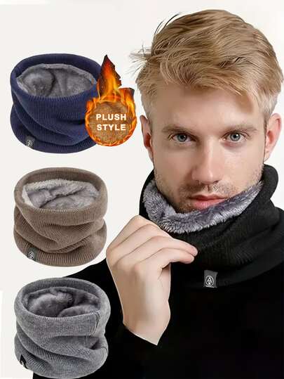 1 Piece Men's Scarf With Letter Patch Embroidery And Ring Decoration, Men's Winter Scarf
