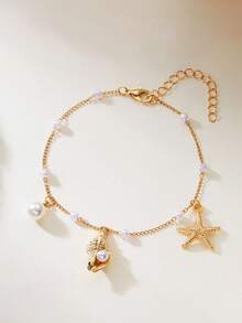 1pc Seashell, Faux Pearl & Starfish Pendant Anklet, Suitable For Daily Wear