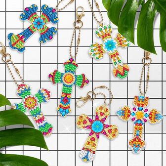 6pcs Cross Decor Keychain Diamond Art DIY Craft Kit, Beginner 5D Acrylic Rhinestone Pendant Keychain Decoration, Perfect Gift Idea For Holidays, Round Diamond Painting Set