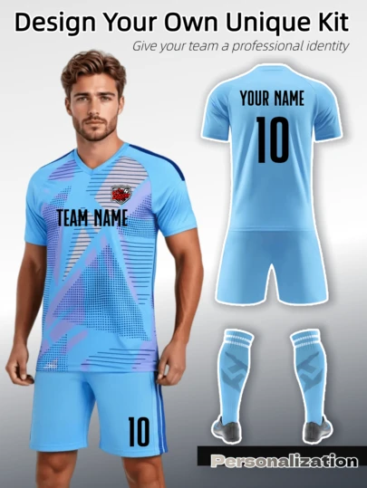 2pcs Custom Light Blue & Purple Geometric Pattern Football Jersey Set - With A Soothing Light Blue Base Color, Adorned With Elegant Purple Geometric Patterns. Made Of Quick-Dry Breathable Fabric To Ensure Comfort During Matches. An Ideal Choice For Football Teams, Amateur Leagues And Competitive Games, As Well As Perfect Gifts For Halloween, Thanksgiving, Christmas And New Year.