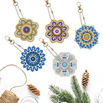5 st/set lyxig mandala dekorativ nyckelring med hänge, 5D DIY-pysselkit för nybörjare, utsökt nyckelring och akryl ädelstenshänge för dekoration, perfekt presentidé för högtider, runt diamantmålningskit