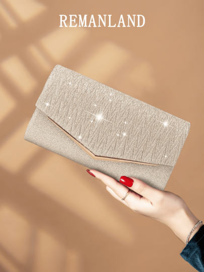 REMANLAND 闪闪发光的奢华褶皱 V 形金属装饰手拿包，优雅精致的派对包舞会包，完美的女士钱包，带金属链的单肩包斜挎包，与亮片舞会礼服和婚纱完美搭配，非常适合晚宴、聚会、婚礼、派对和舞会。