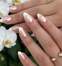 Women's Minimalist Press-On Nails - Round Almond-Shaped, Aurora French Tips, Pure Sweet Soft Vibe, Suitable For All Occasions