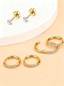 3 对防过敏不锈钢耳环套装，适合多个耳孔，精致的 14K 镀金女式环形耳钉，时尚可爱的小环形和耳钉耳环堆叠，适合敏感耳朵