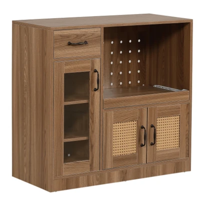 コンパクトキッチン収納88cm 組立式ラタン調食器棚｜スライドレール&調整棚で狭い台所をスッキリ解決