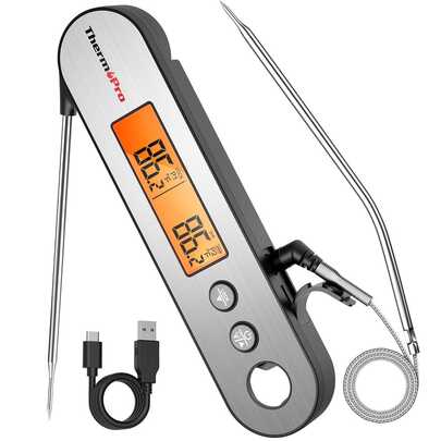 ThermoPro TP610 Digital Meat Thermometer, Rechargeable, Instant Read, Rotating LCD Screen, Waterproof With Alarm For Grilling, Smoker, BBQ, Oven