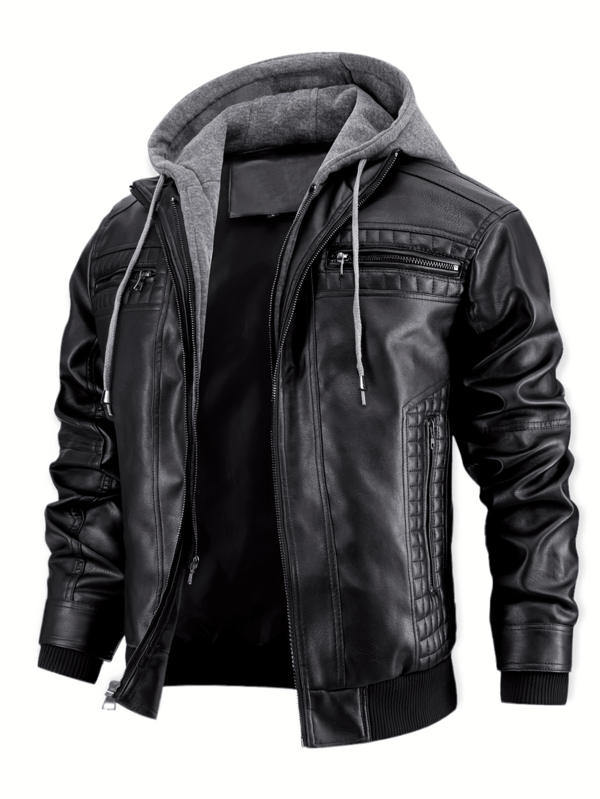 Men's Casual Stand Collar PU Faux Leather Zip-Up Motorcycle Bomber Jacket With A Removable Hood