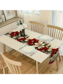 1 pieza Camino de mesa de Flor de Pascua roja - Decoración navideña de poliéster premium con hojas verdes y perlas blancas, elegante mantel largo para mesas festivas y de fiesta, cocina, exterior - Regalo para el hogar en vacaciones, decoración navideña - Multicolor - Ver 6