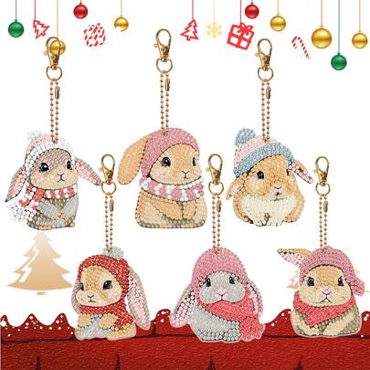 6pcs/Set Long Ear Rabbit Decor Keychain, 5D DIY Craft Kit For Beginners, Exquisite Keychain And Acrylic Diamond Pendant For Decoration, Perfect Gift Idea For Holidays, Round Diamond Painting Kit