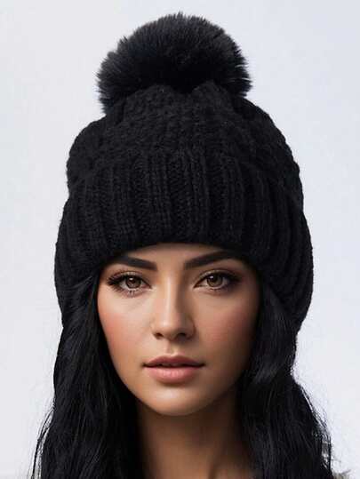 Thick Warm Woolen Cable Knit Beanie Hat For Women, Autumn/Winter, With Fuzzy Pom Pom,Fashionable & Unique
