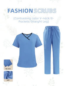 Damen Scrubs Set - Scrub Top mit Kontrastkragen & Jogginghose, modische Krankenschwester-Uniform, hohe Wiederkaufrate!