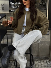 Dirty Martini Green Suede Bomber Jackets Women Long Sleeve Zipper Oversized Jackets Fashion 2026 Spring Casual Streetwear Outwears Valentine's Day