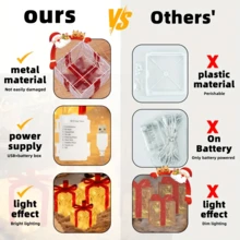 Set de 3 piezas de iluminación navideña con control remoto, 8 modos de iluminación, Aurora - Caja de decoración navideña con luces blancas cálidas, para árbol de Navidad, jardín, hogar, decoración navideña exterior, caja de regalo con moño rojo