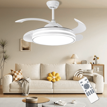 Kasotile White/Black Retractable Ceiling Fan Light,3 Colors Change 6 Speed Set, Timer Setting,42 Inch Mute LED Invisible Ceiling Fan Chandelier For Bedroom Living Room,Conference Room, Dining Room Enhancimg Air Circulation To Ensure You Don't Feel Stuffy Or Hot At Any Time - 1Pack (Remote Contral Without Battery)